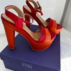 Stuart Weitzman Once Fragola Vecchio Nappa Leather Sandals-  Red & Orange 7.5